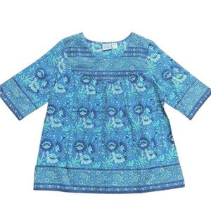 Like New Vermont Country Store Blue Floral A-Line Top Size Large